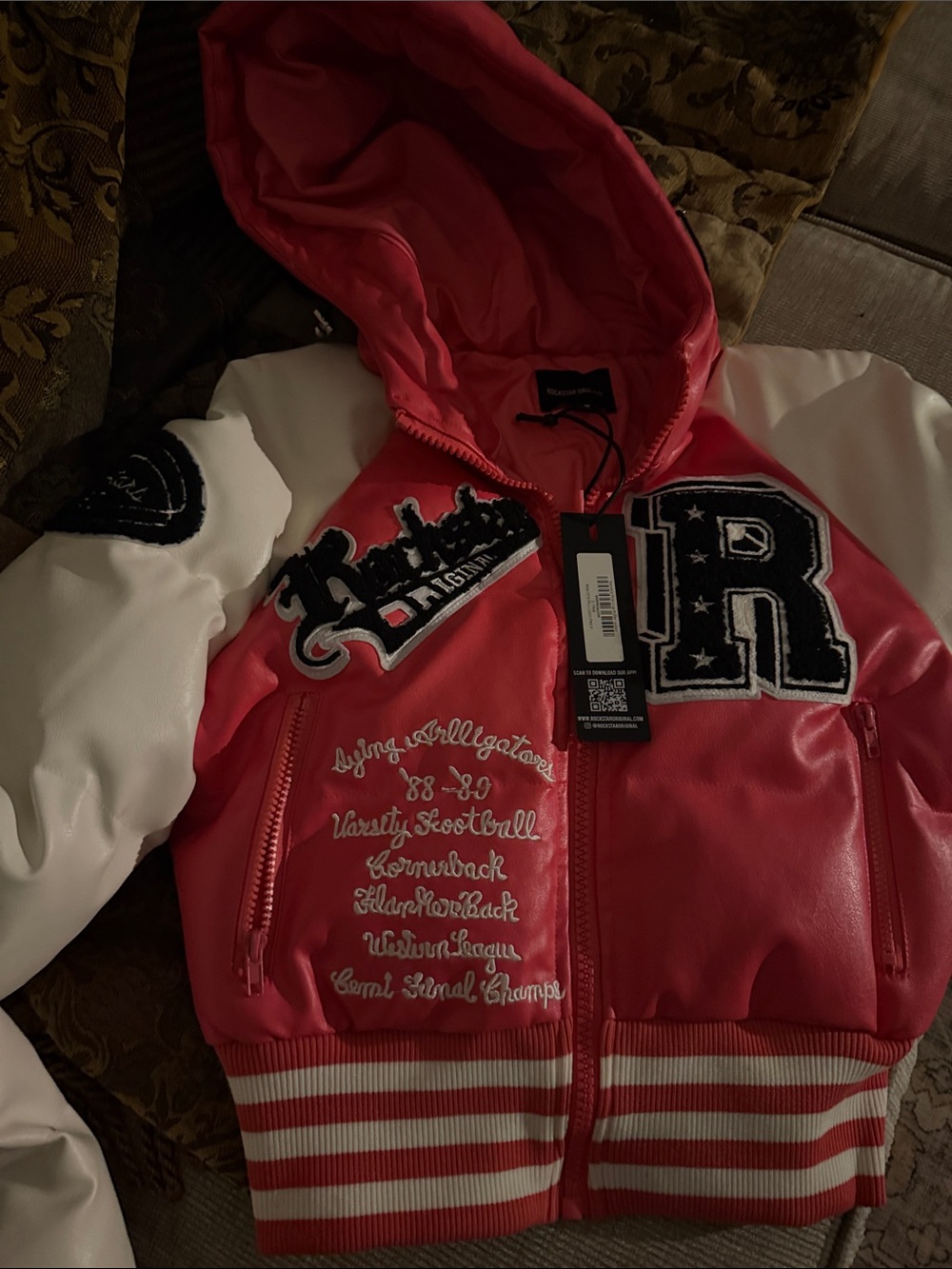 Kids Hooded Varsity Jacket in Pink and White